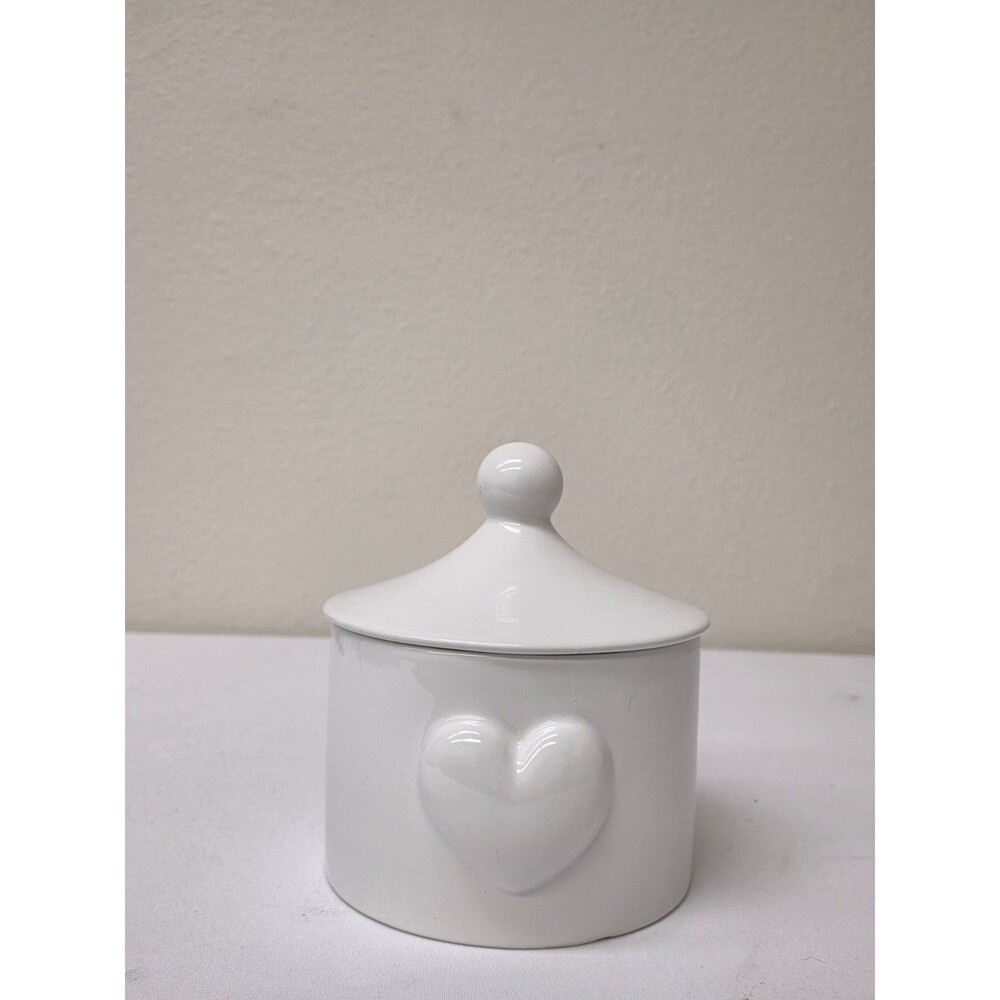 White Ceramic Heart Jar Lid 6.5" Shabby Chic Candy Dish Farmhouse Kitchen Decor